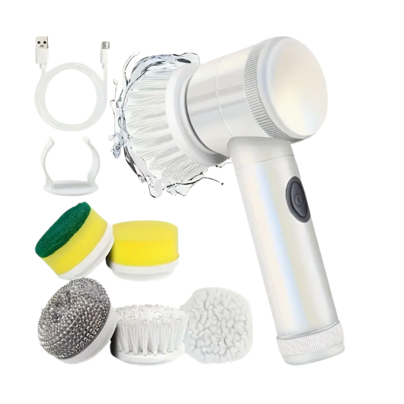 Electric Scrubber Brush with 5 Replaceable Heads – Handheld Power Cleaner for Bathroom, Kitchen, Tiles, Oven & Glass