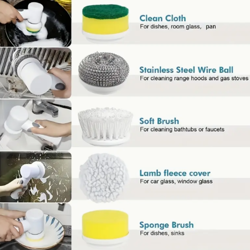 Electric Scrubber Brush with 5 Replaceable Heads – Handheld Power Cleaner for Bathroom, Kitchen, Tiles, Oven & Glass