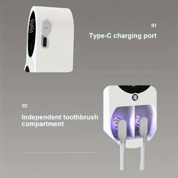 Smart UV Toothbrush Sterilizer – Wall-Mount Toothbrush Holder with Digital Display, USB Charging, Dual Support, Automatic Sterilization & Photocatalytic Design